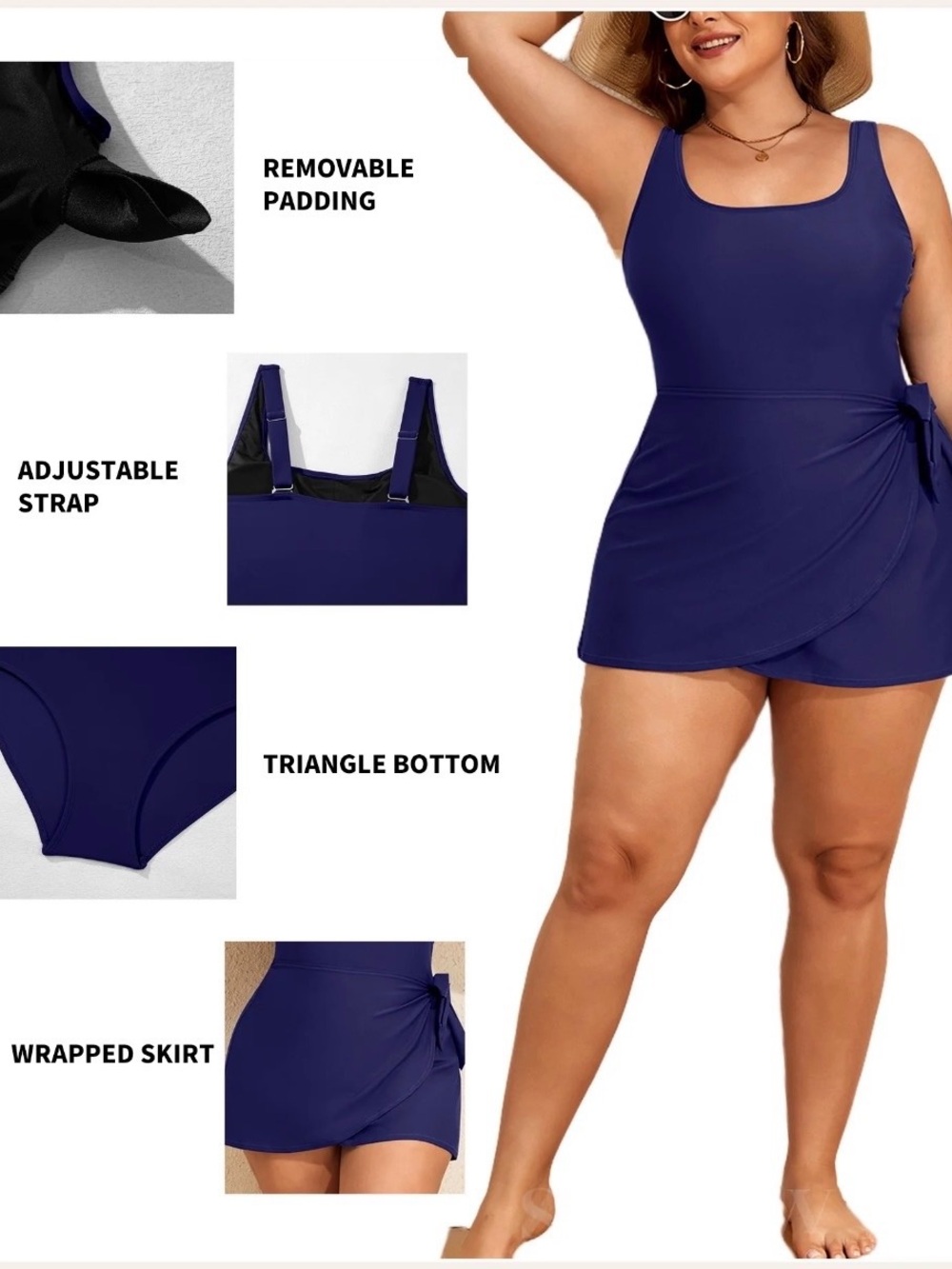 Navy Blue One-Piece Swim Dress with Side Tie